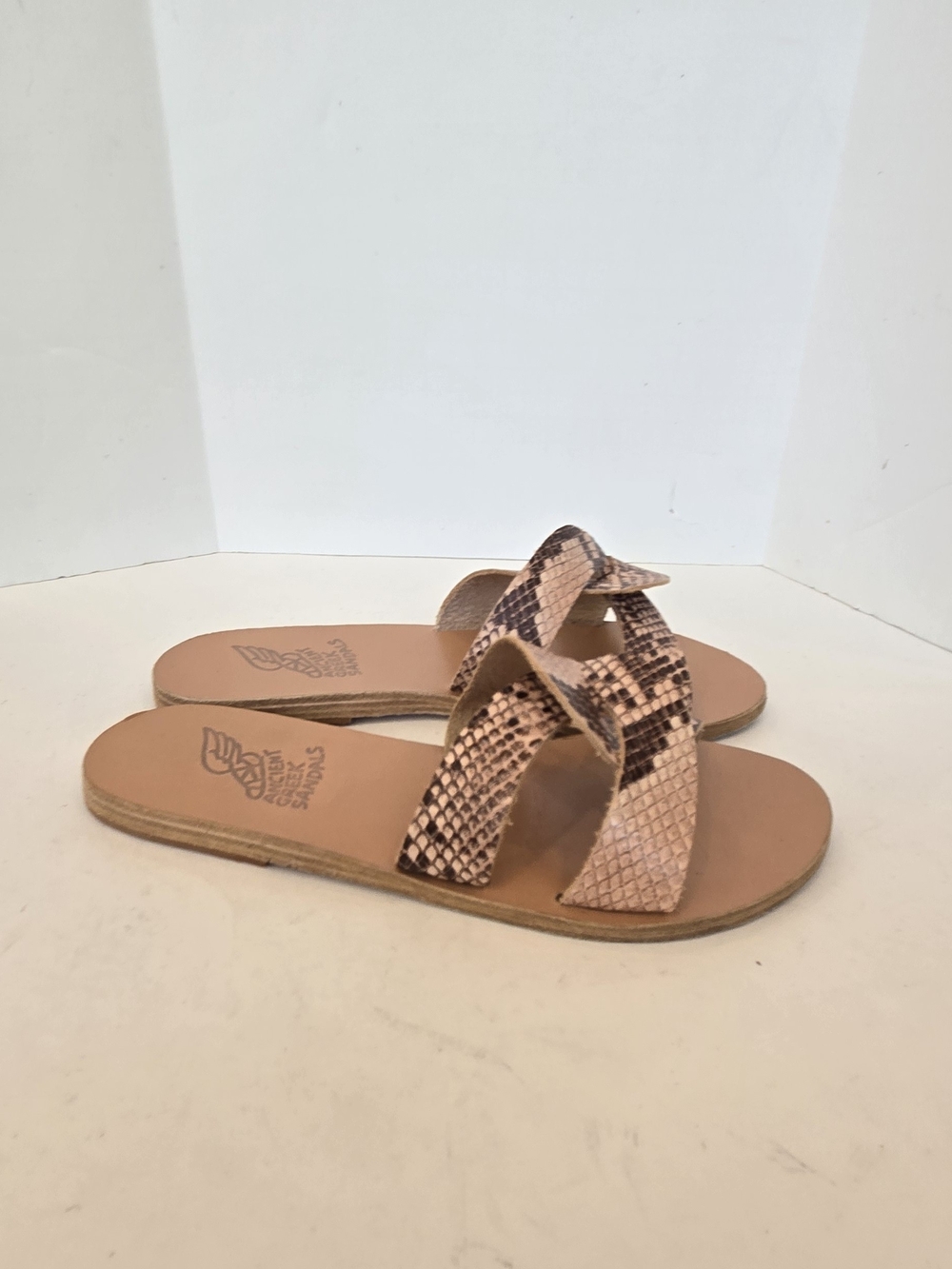 Ancient Greek Sandals Beige Snake-Print Cross-Strap Slides
